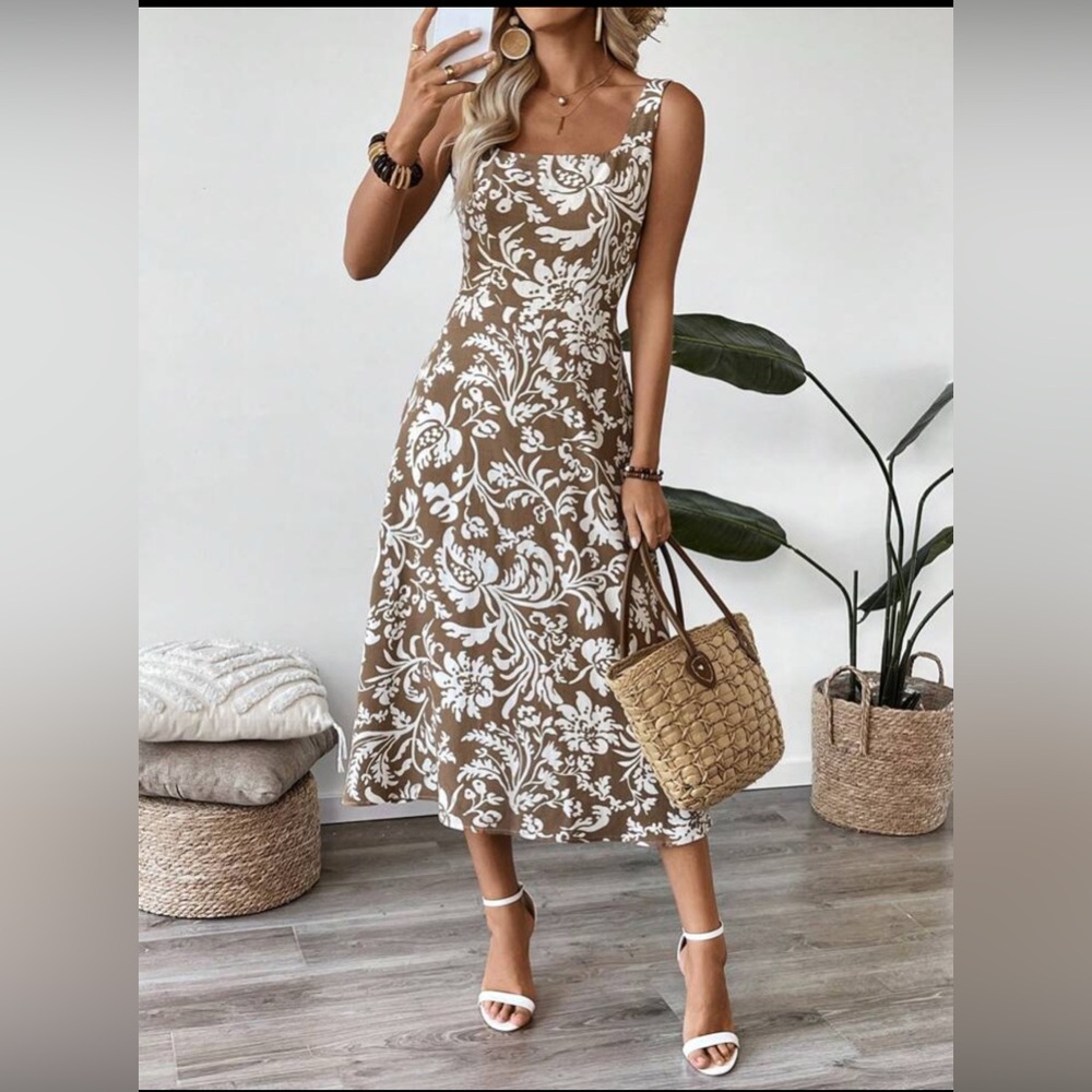 Elegant Brown and White Floral Dress